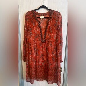 Knox Rose Burnt Orange Paisley & Floral Sheer Boho Peasant Dress Size Medium